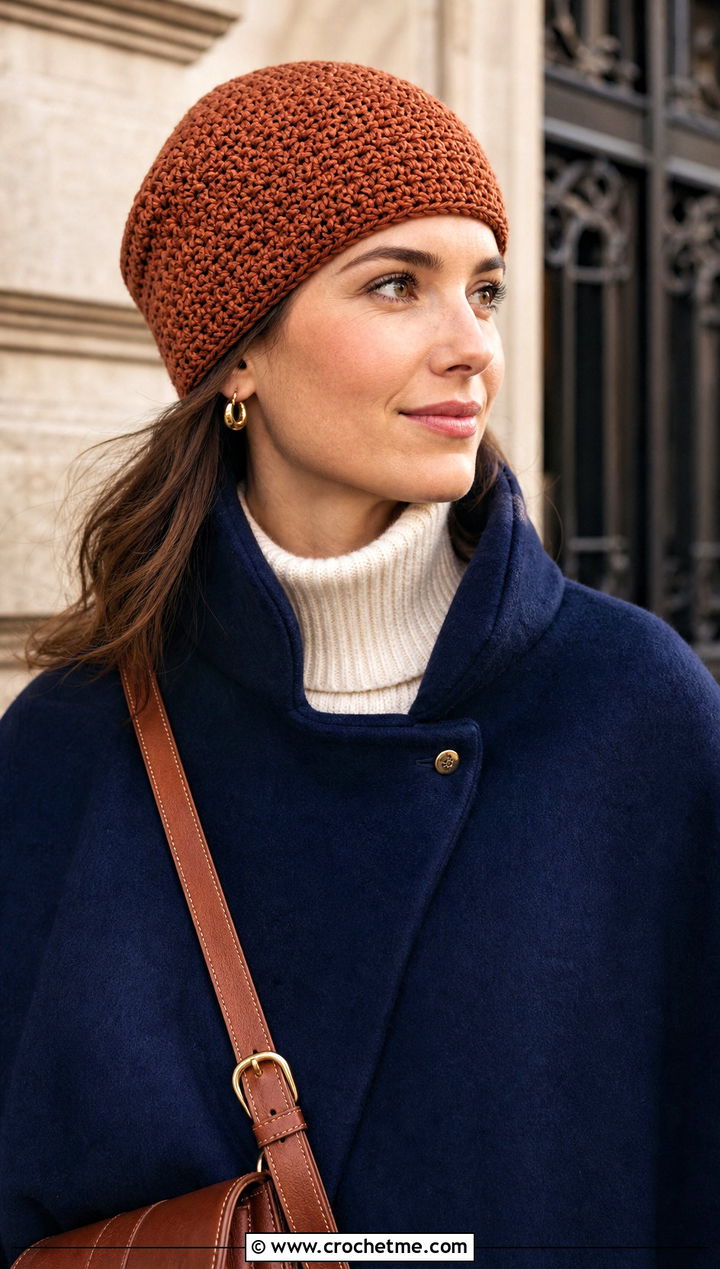 Short Row HDC Crochet Beanie With Cape Coat And Riding Boots - 20 hdc crochet beanie outfit ideas