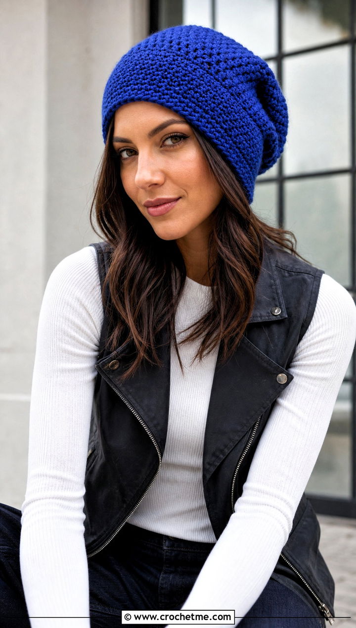 Short Row Slouch Crochet Hat With Moto Vest - 30 slouch crochet hat outfit ideas