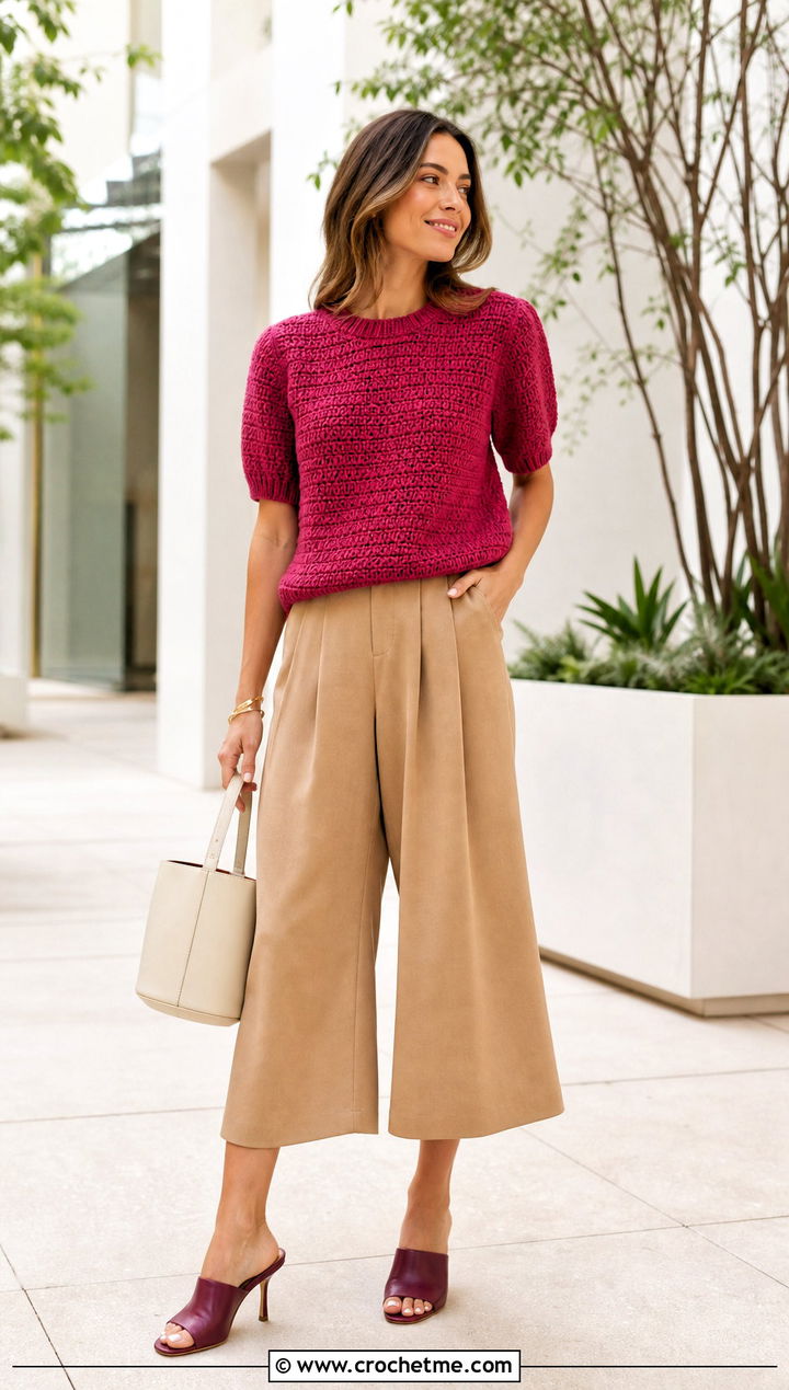 Short Sleeve Alpine Stitch Sweater With Culottes - 25 crochet alpine stitch sweater outfit ideas