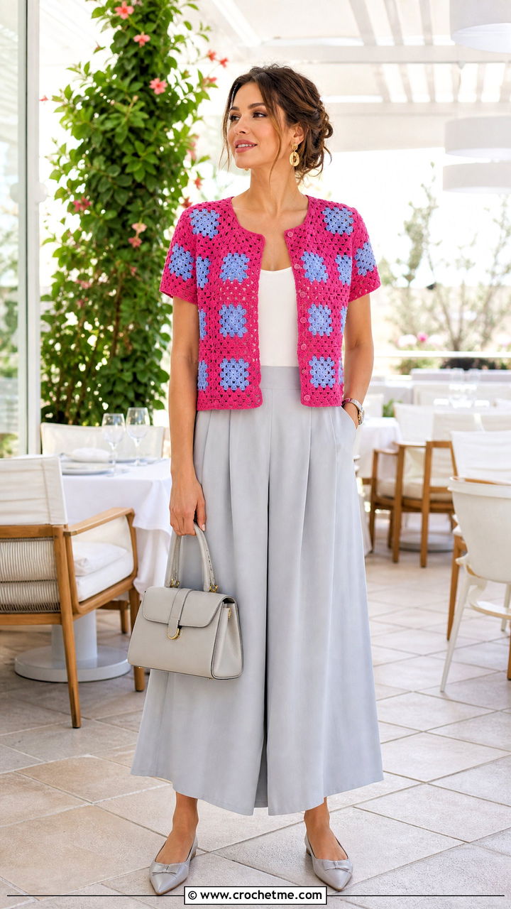 Short Sleeve Big Granny Square Cardigan With Culottes - 35 Big Granny Square Cardigan outfit ideas
