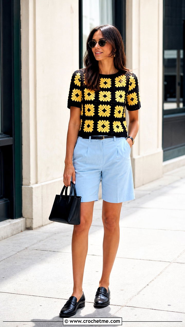 Short Sleeve Black Granny Square Sweater With Bermuda Shorts - 25 black granny square sweater outfit ideas