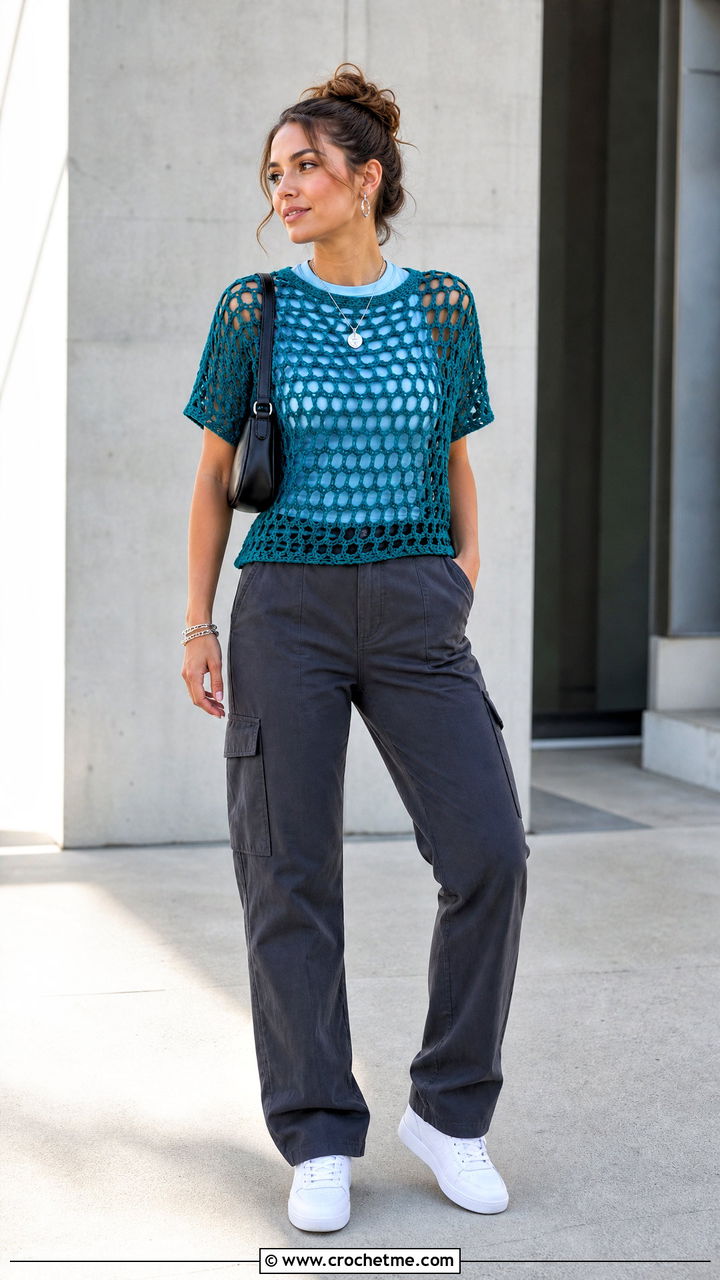 Short Sleeve Boxy Crochet Fishnet Top With Cargo Pants - 35 crochet fishnet top outfit ideas