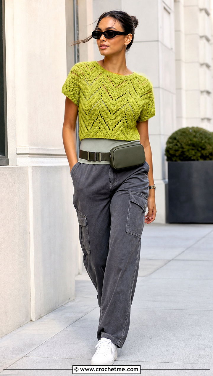 Short Sleeve Chevron Crochet Sweater With Cargo Pants - 20 Chevron Crochet Sweater outfit ideas