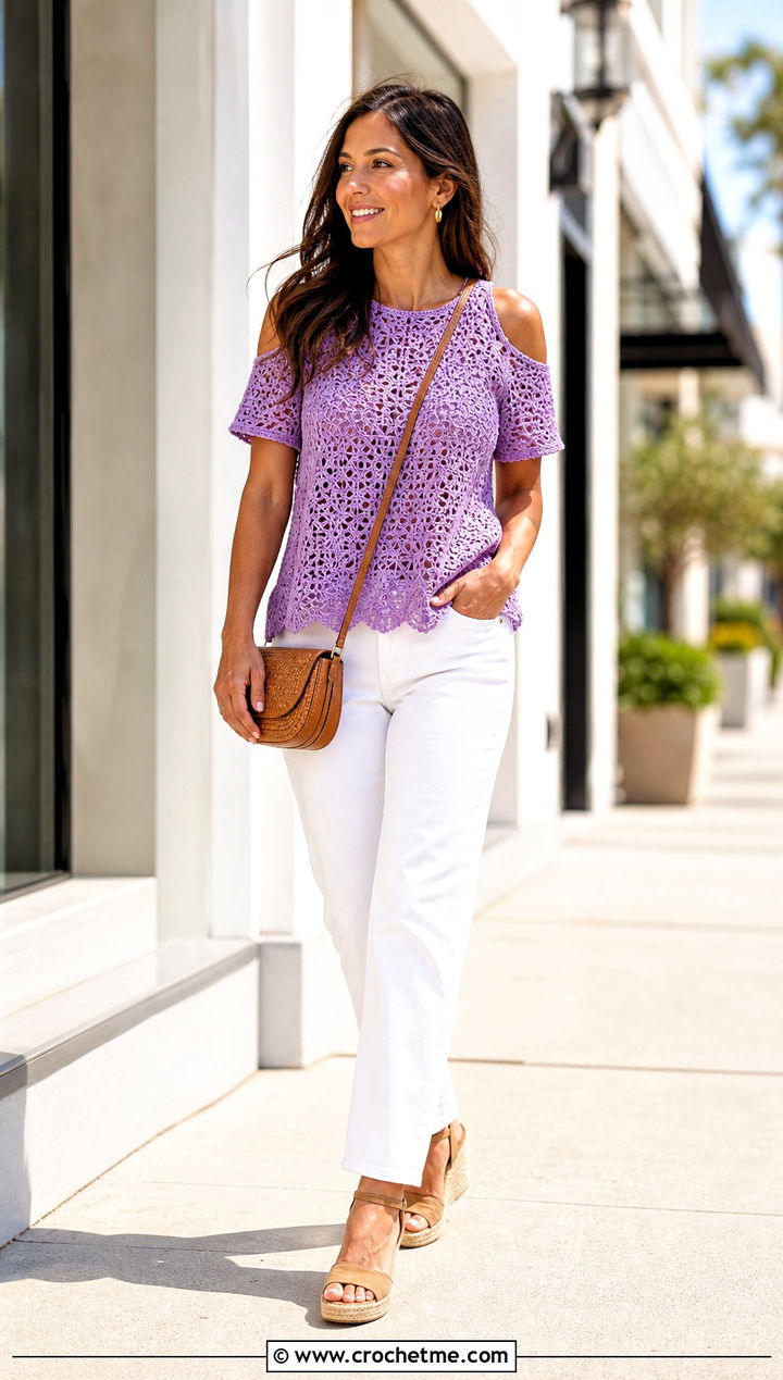 Short Sleeve Cold Shoulder Crochet Top With White Jeans - 25 Cold Shoulder Crochet Top outfit ideas