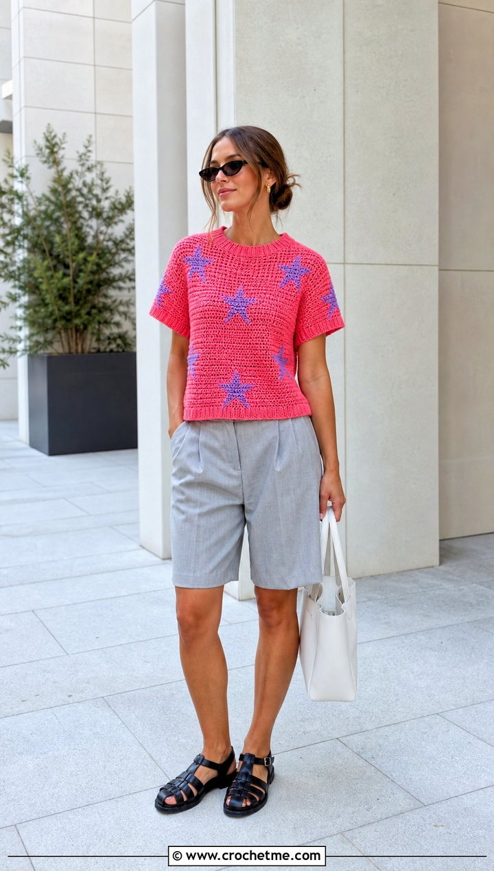 Short Sleeve Coraline Star Crochet Sweater With Bermuda Shorts - 25 coraline crochet sweater outfit ideas