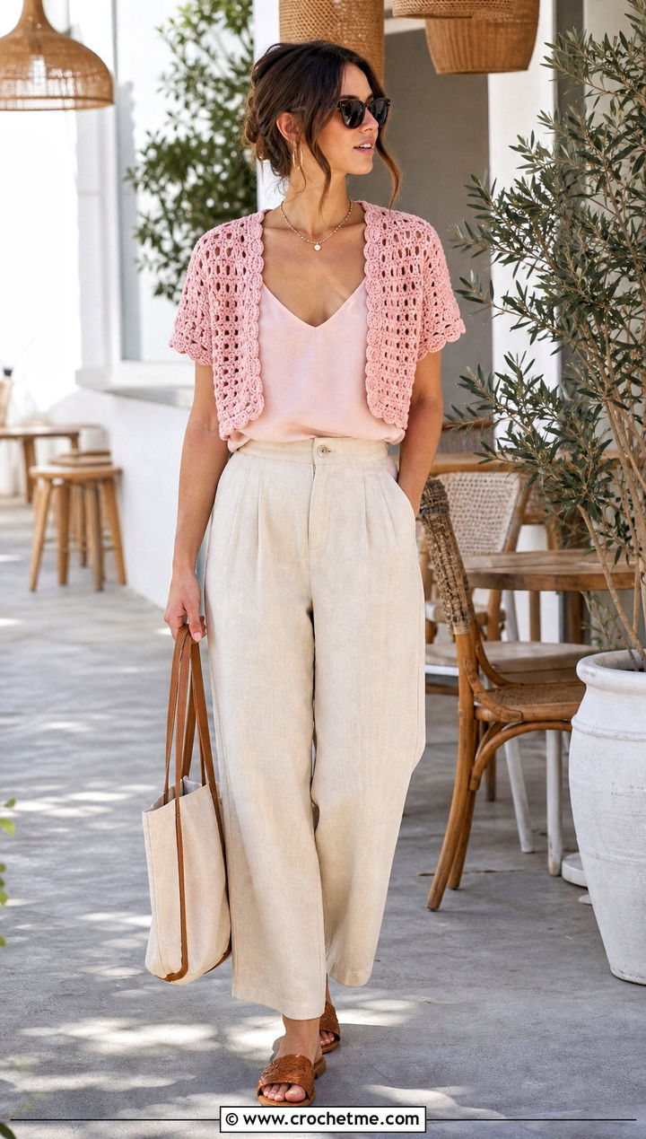 Short Sleeve Crochet Bolero With Linen Pants - 15 crochet spring summer bolero outfit ideas