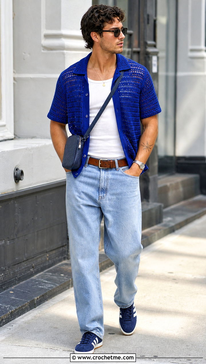 Short Sleeve Crochet Button Down With Relaxed Jeans - 35 Mens Crochet Top outfit ideas
