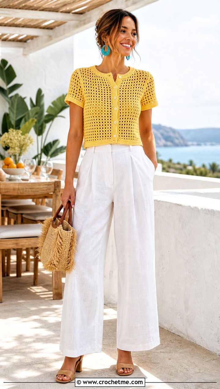 Short Sleeve Crochet Button Sweater With Linen Pants - 30 Crochet Button Sweater outfit ideas