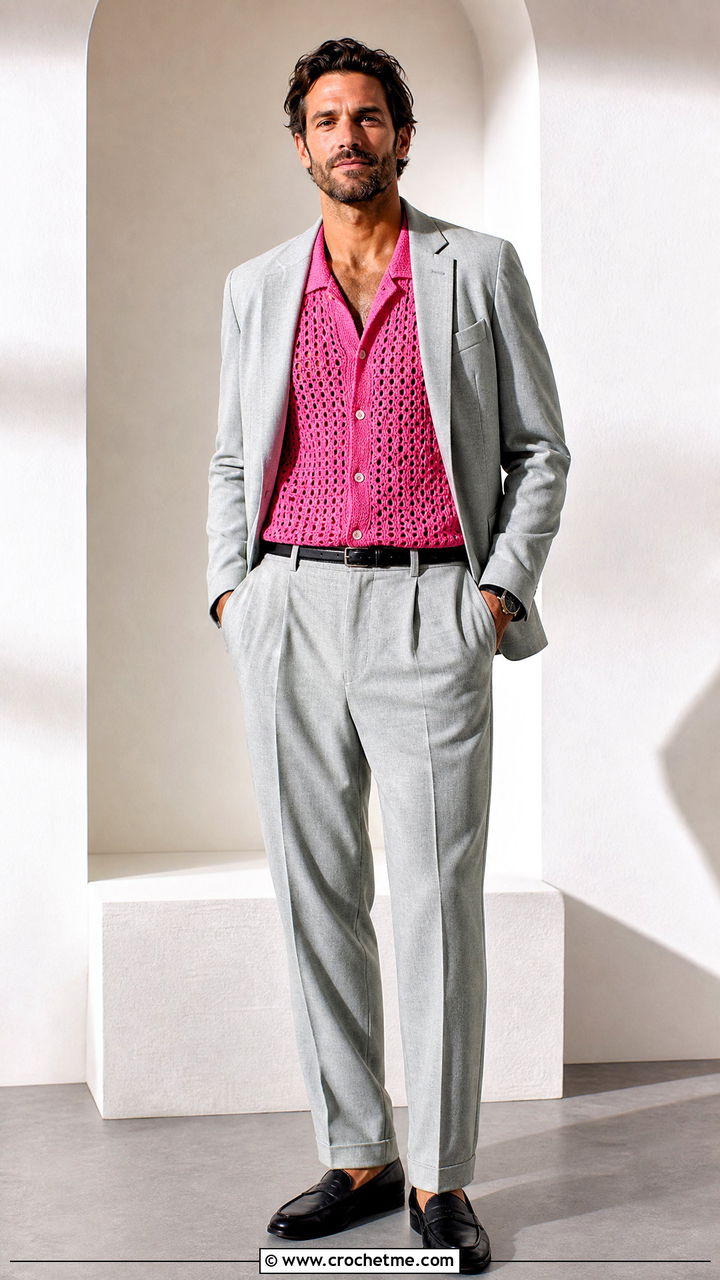 Short Sleeve Crochet Cardigan Shirt With Relaxed Suit - 35 crochet shirts for men outfit ideas