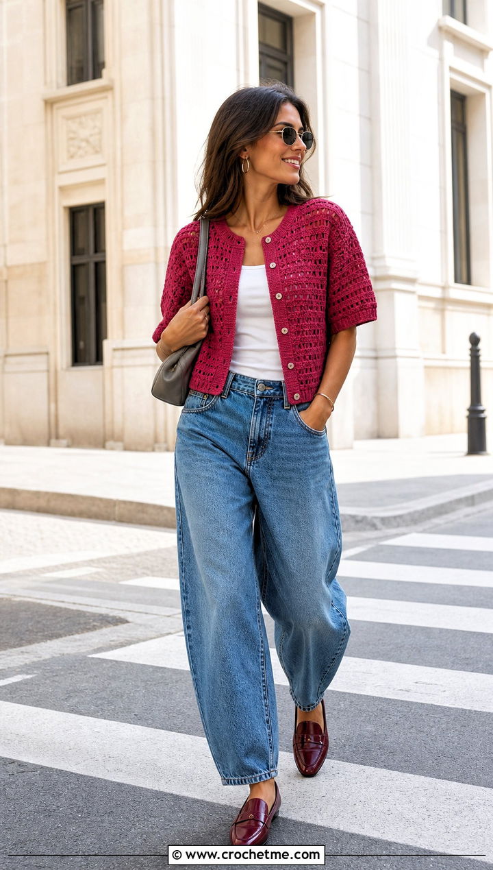 Short Sleeve Crochet Cardigan With Barrel Jeans - 30 crochet women's cardigan outfit ideas