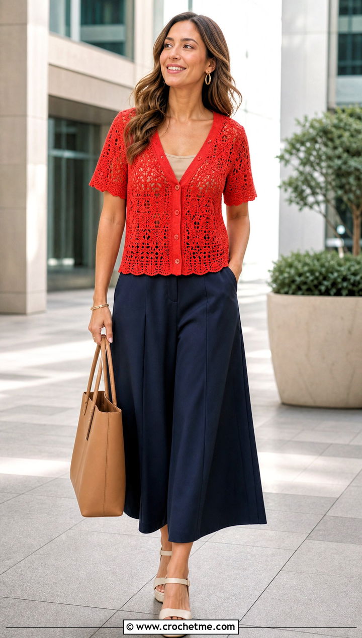 Short Sleeve Crochet Cardigan With Culottes - 30 Crochet Lightweight Cardigan outfit ideas