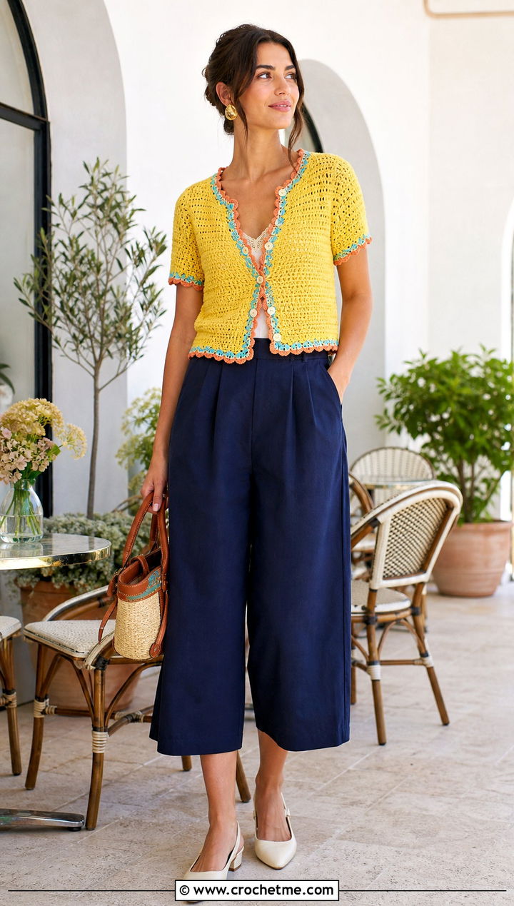 Short Sleeve Crochet Cardigan With Culottes - 25 Crochet Colourful Cardigan outfit ideas
