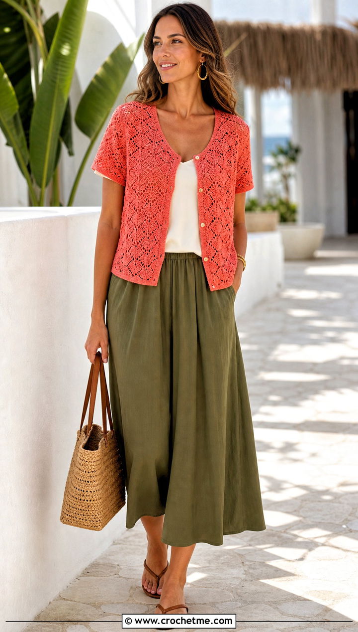 Short Sleeve Crochet Cardigan With Culottes - 25 unique crochet cardigan outfit ideas