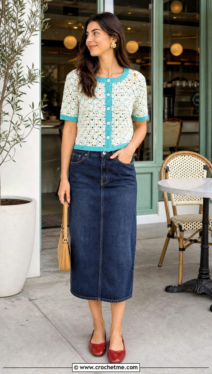 Short Sleeve Crochet Cardigan With Denim Midi Skirt - 15 crochet cardigan with blue accents outfit ideas
