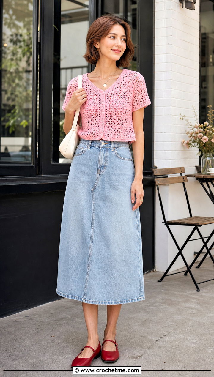 Short Sleeve Crochet Cardigan With Denim Midi Skirt - 15 trendy crochet cardigan outfit ideas