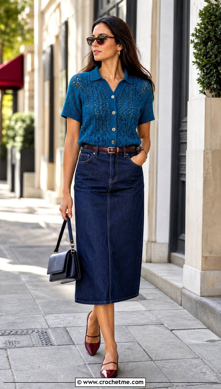 Short Sleeve Crochet Cardigan With Denim Midi Skirt - 25 elegant crochet cardigan outfit ideas