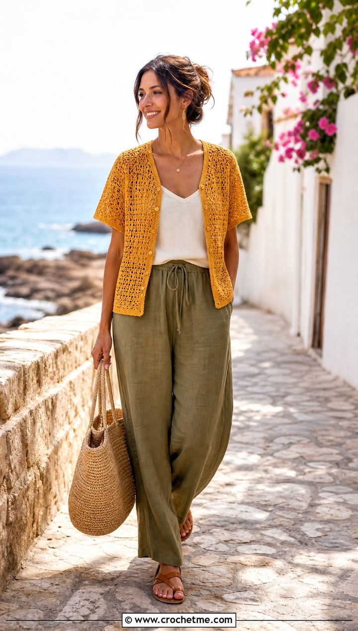 Short Sleeve Crochet Cardigan With Linen Pants - 30 fast crochet cardigan outfit ideas