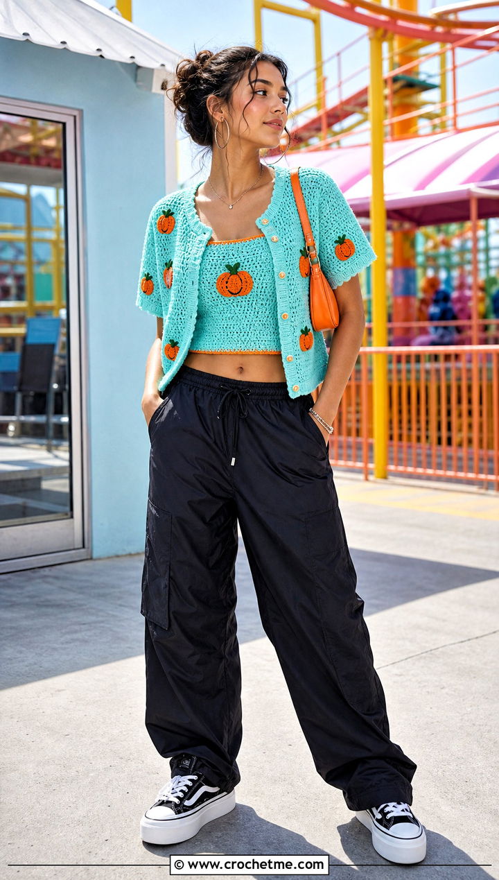 Short Sleeve Crochet Cardigan With Parachute Pants - 25 halloween crochet cardigan outfit ideas