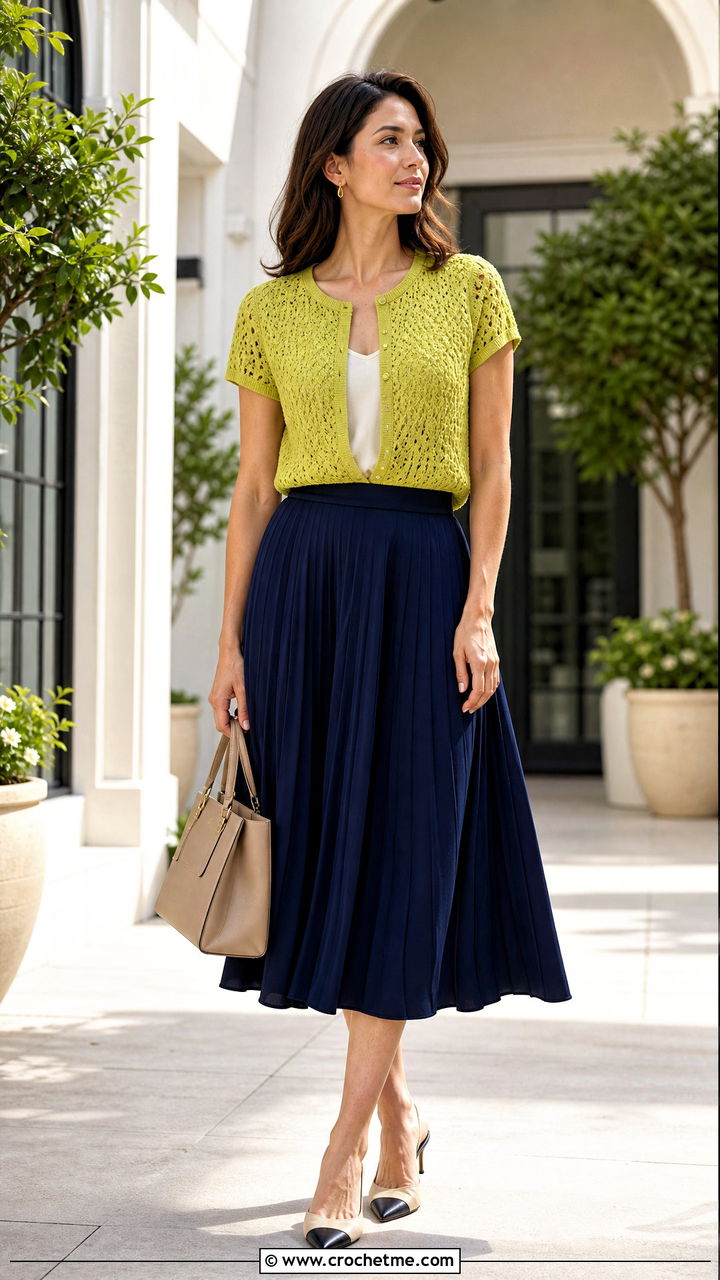 Short Sleeve Crochet Cardigan With Pleated Midi Skirt - 35 crochet cardigan women outfit ideas