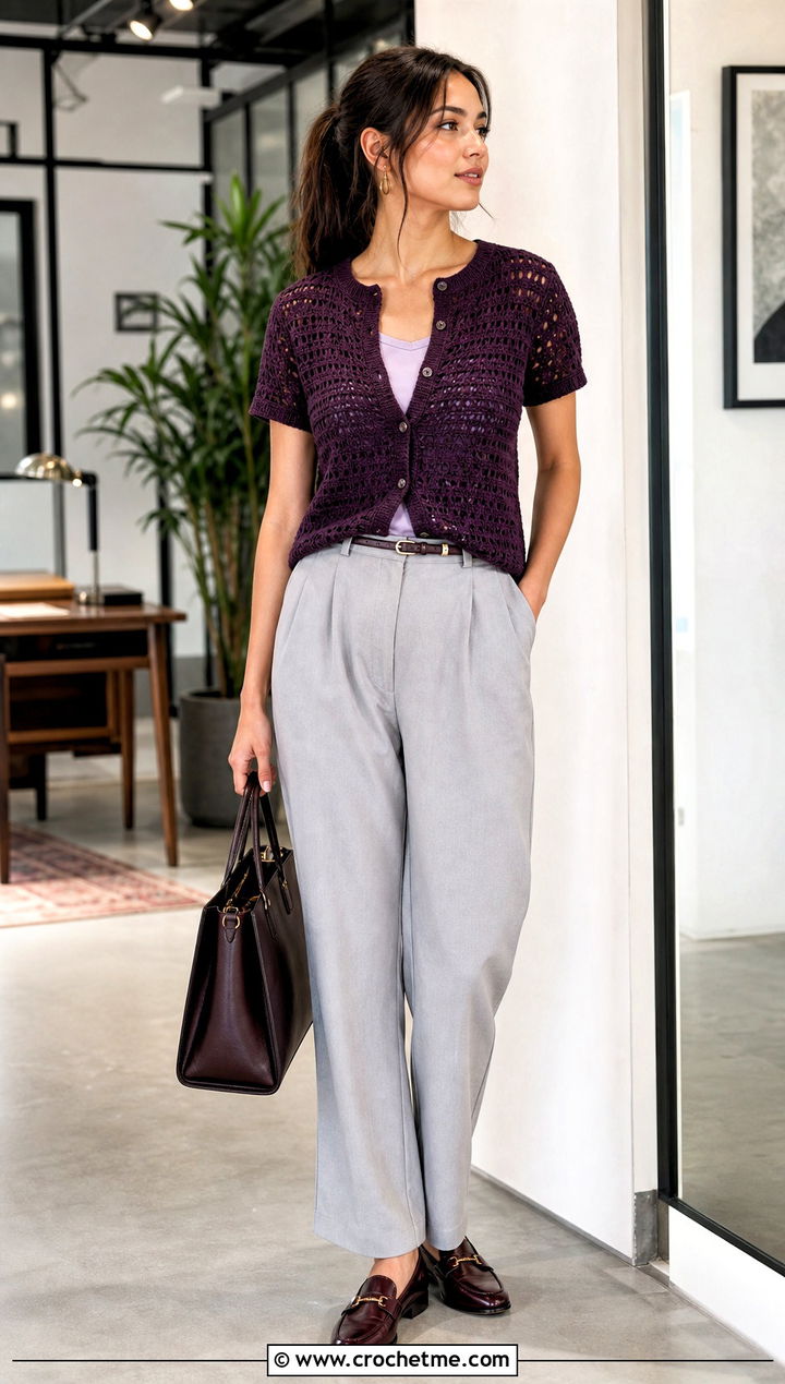 Short Sleeve Crochet Cardigan With Pleated Trousers - 20 Crochet Cardigan For Women Sweater Coats outfit ideas
