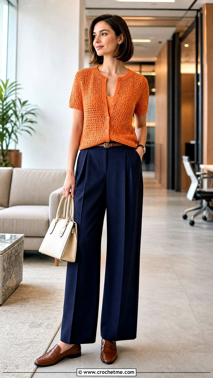 Short Sleeve Crochet Cardigan With Pleated Trousers - 35 crochet cardigans outfit ideas