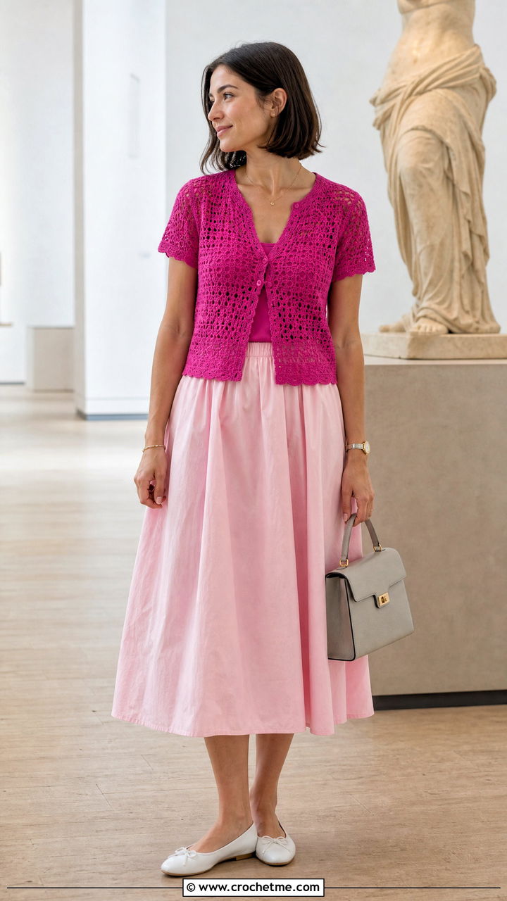 Short Sleeve Crochet Cardigan With Poplin Skirt - 35 crochet summer cardigan outfit ideas