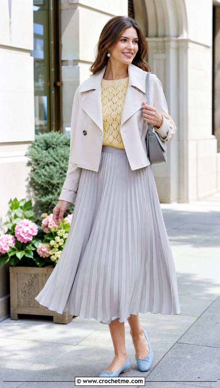 Short Sleeve Crochet Cashmere Sweater With Pleated Midi Skirt - 30 crochet cashmere sweater outfit ideas