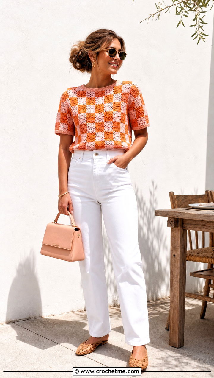 Short Sleeve Crochet Checkered Sweater With White Jeans - 30 crochet checkered sweater outfit ideas