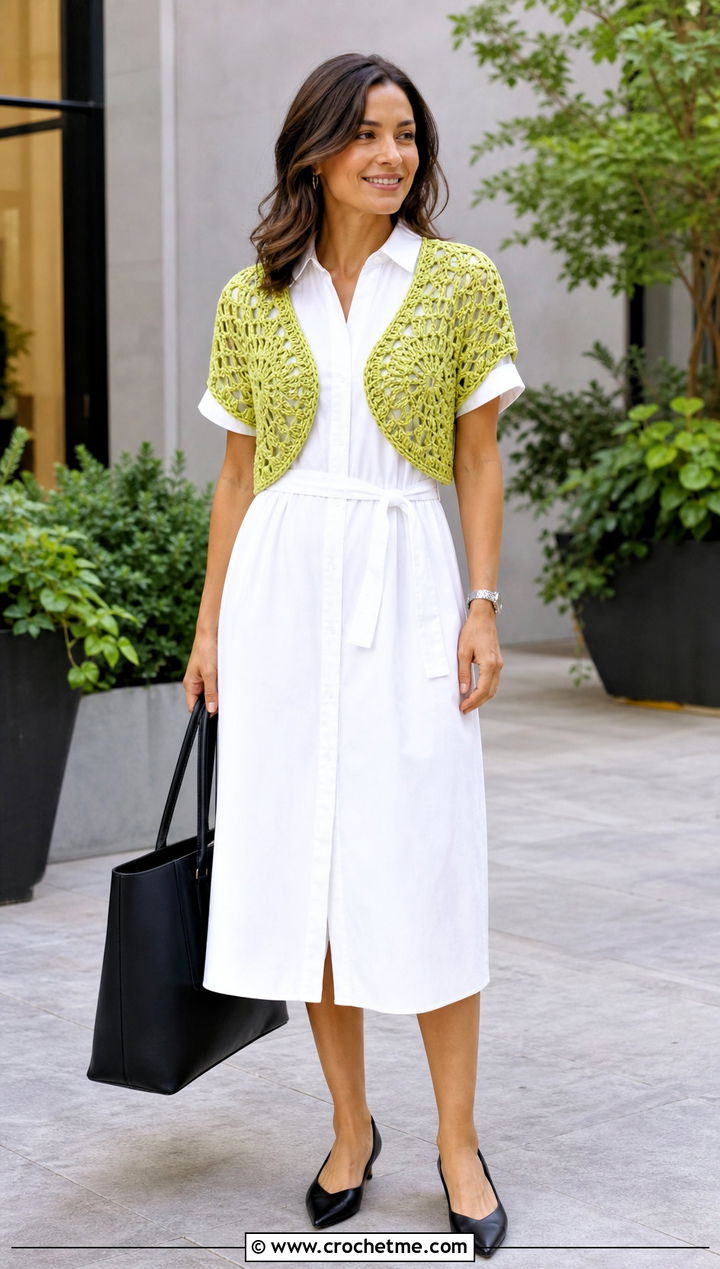 Short Sleeve Crochet Circle Shrug With Shirt Dress - 25 crochet circle sweater outfit ideas