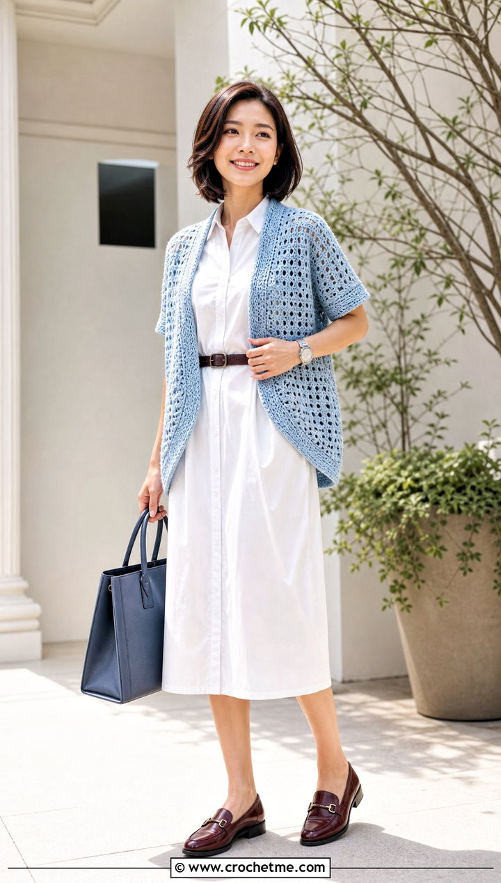 Short Sleeve Crochet Cocoon Shrug With Shirt Dress - 25 Easy Crochet Cocoon Shrug outfit ideas