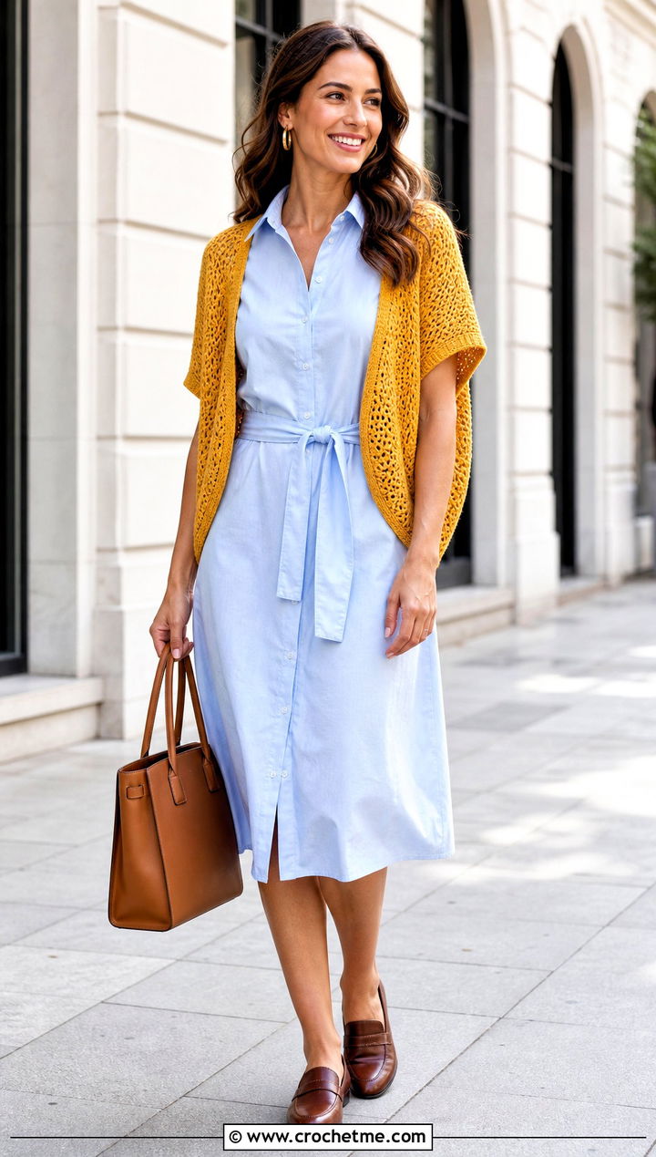 Short Sleeve Crochet Cocoon Shrug With Shirt Dress - 30 crochet cocoon shrug outfit ideas
