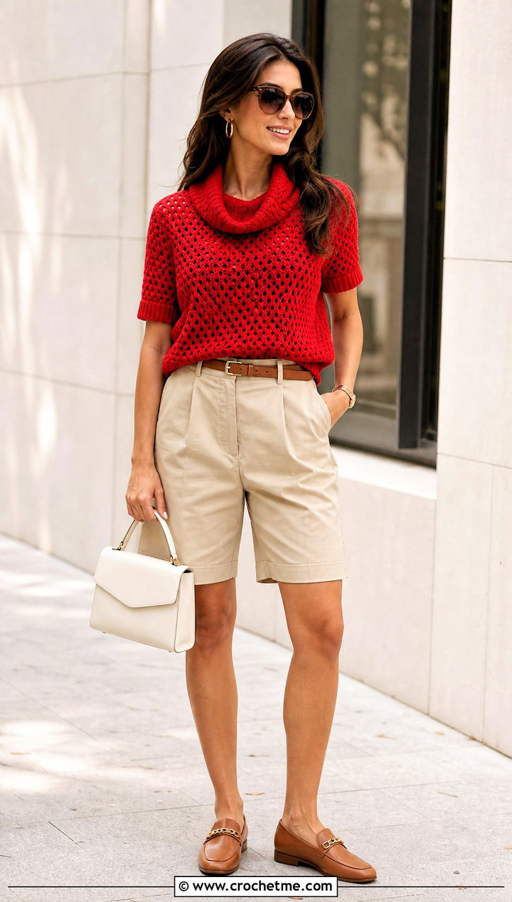 Short Sleeve Crochet Cowl Neck Sweater With Bermuda Shorts - 25 Crochet Cowl Neck Sweater outfit ideas