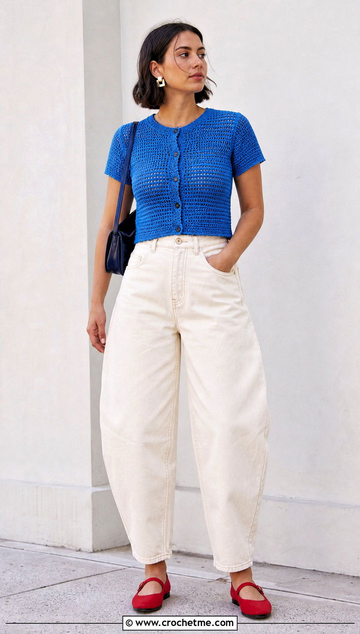 Short Sleeve Crochet Doll Cardigan With Barrel Jeans - 30 crochet doll cardigan outfit ideas