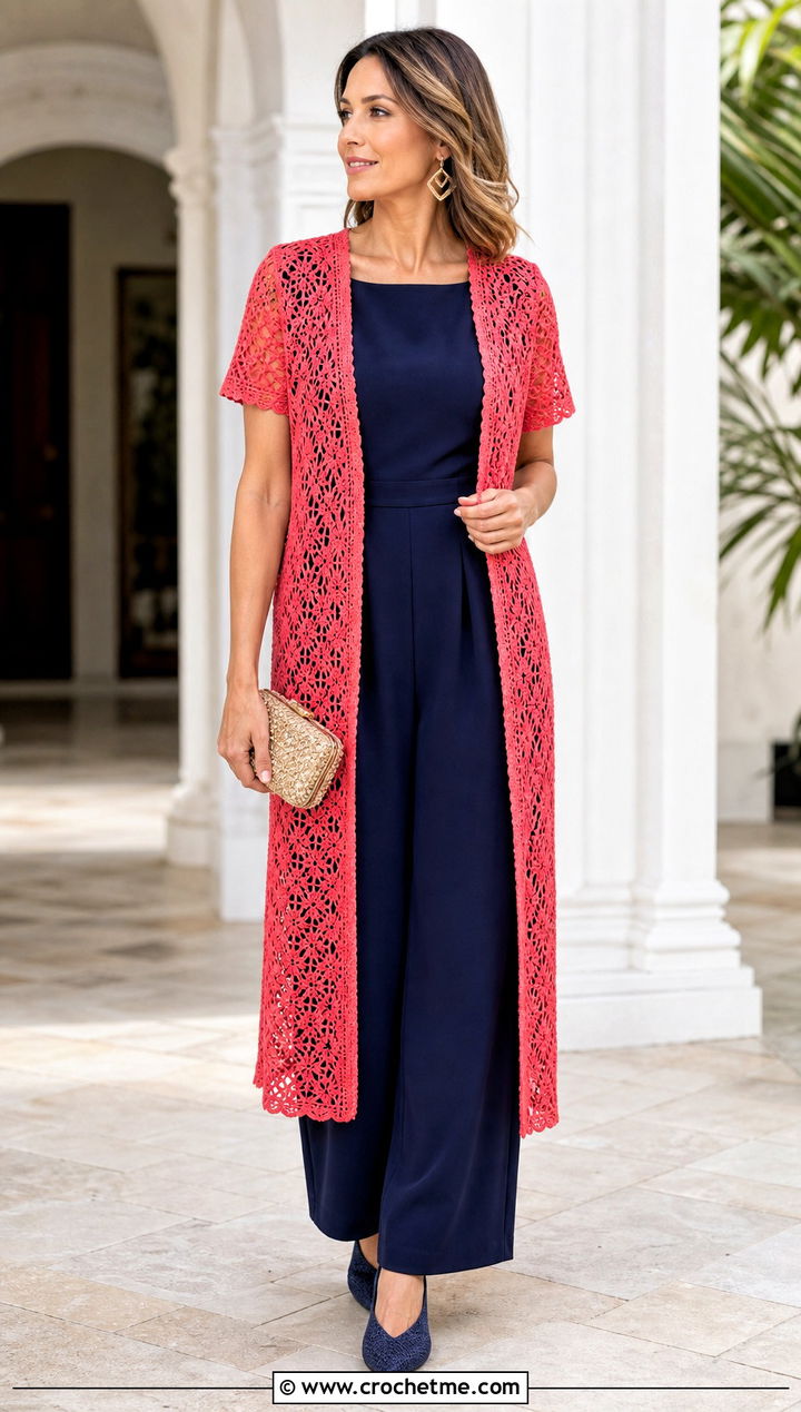 Short Sleeve Crochet Duster With Jumpsuit - 25 Easy Crochet Duster outfit ideas
