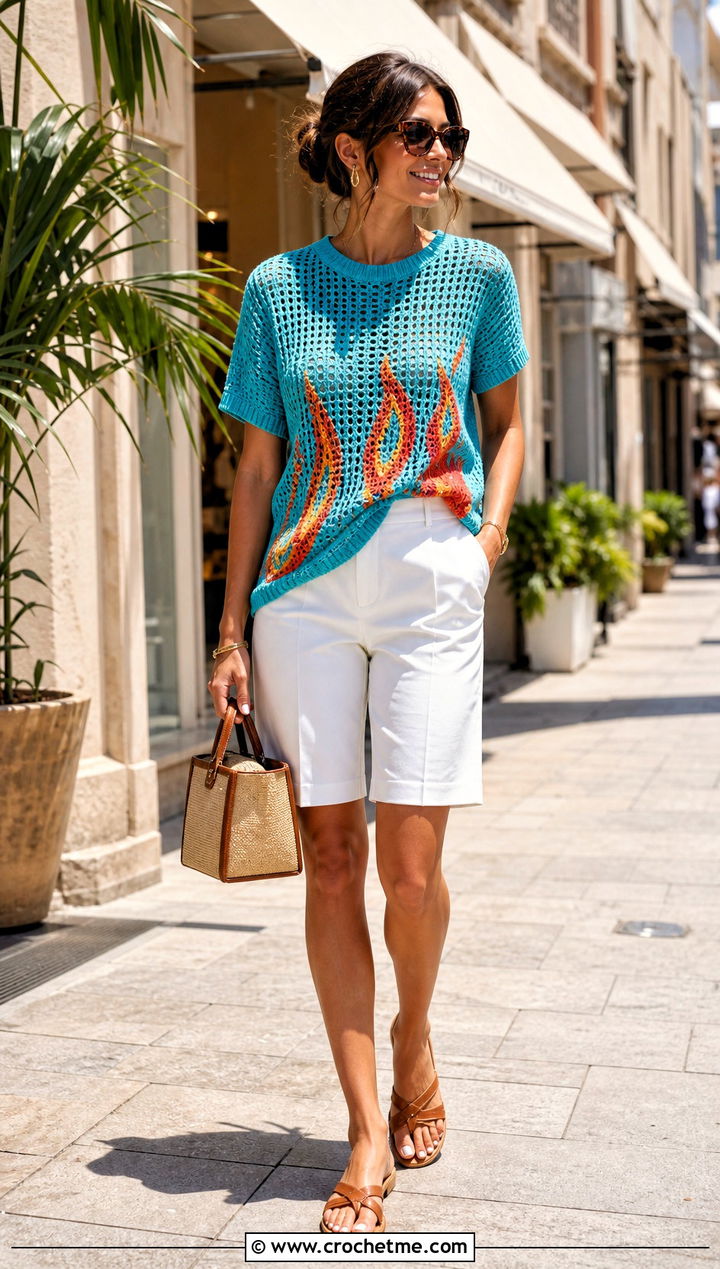 Short Sleeve Crochet Fire Sweater With Bermuda Shorts - 25 Crochet Fire Sweater outfit ideas