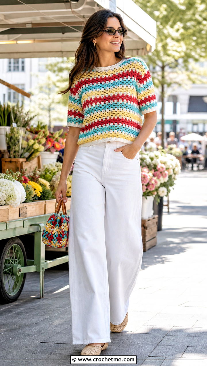 Short Sleeve Crochet Granny Stripe Sweater With White Jeans - 25 Crochet Granny Stripe Sweater outfit ideas