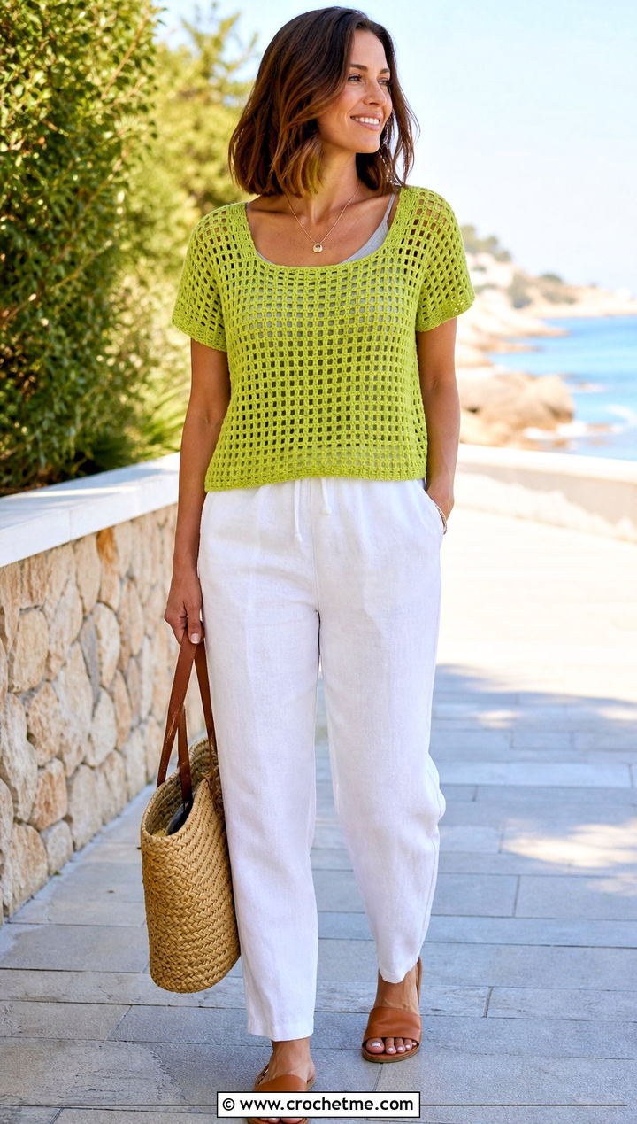Short Sleeve Crochet Grid Sweater With Linen Pants - 30 crochet grid sweater outfit ideas