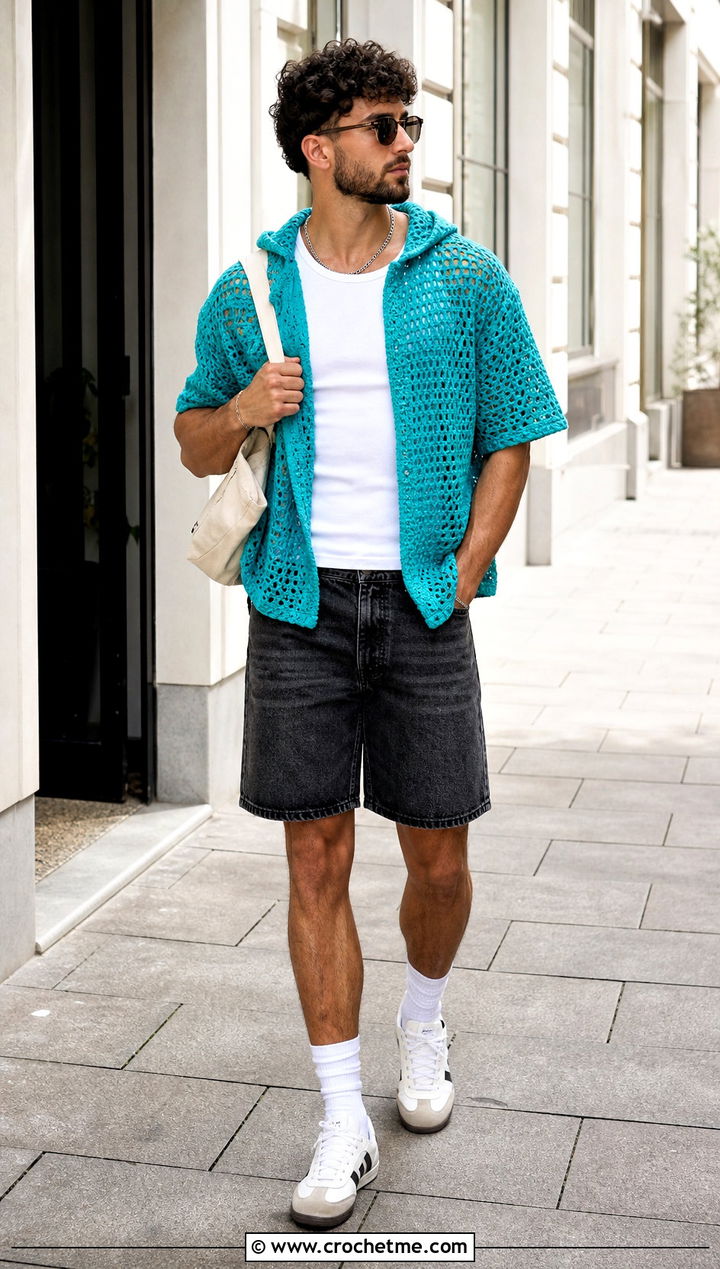 Short Sleeve Crochet Hoodie With Denim Shorts - 30 Crochet Hoodies For Men outfit ideas