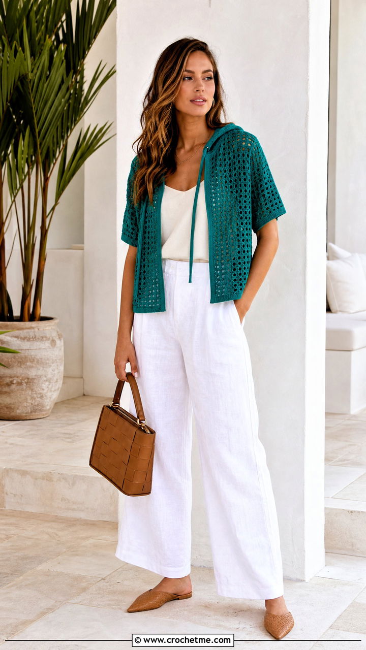 Short Sleeve Crochet Hoodie With Linen Pants - 35 crochet hoodie outfit ideas