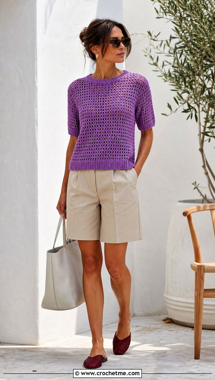 Short Sleeve Crochet Jumper With Bermuda Shorts - 20 Beginner Crochet Jumper outfit ideas