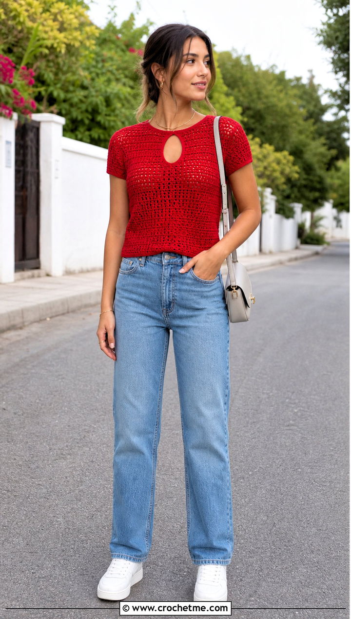 Short Sleeve Crochet Keyhole Top With Straight Leg Jeans - 30 crochet keyhole top outfit ideas