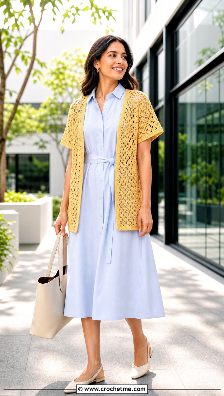 Short Sleeve Crochet Kimono Cardigan With Shirt Dress - 35 crochet kimono cardigan outfit ideas