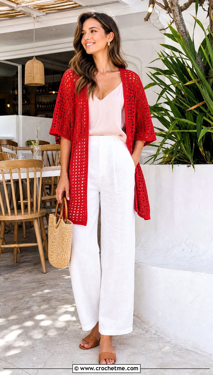 Short Sleeve Crochet Kimono With Linen Pants - 25 easy crochet kimono outfit ideas