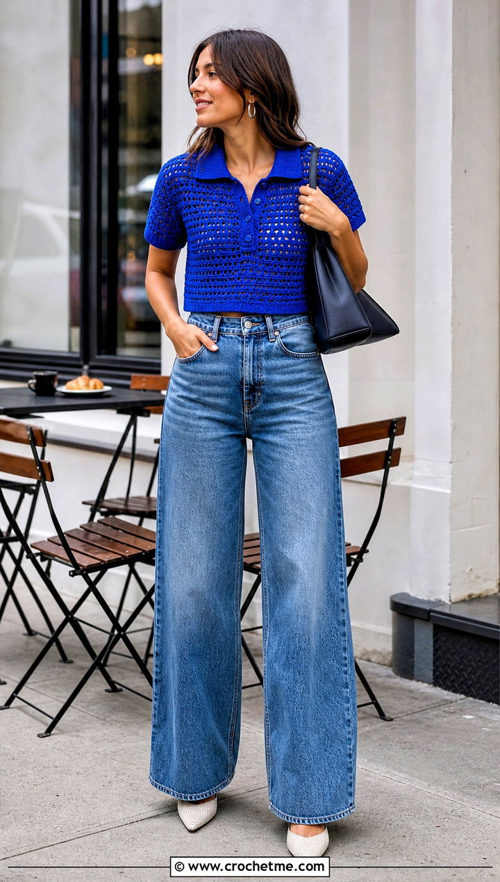 Short Sleeve Crochet Polo Shirt With Wide Leg Jeans - 25 women crochet polo shirt outfit ideas