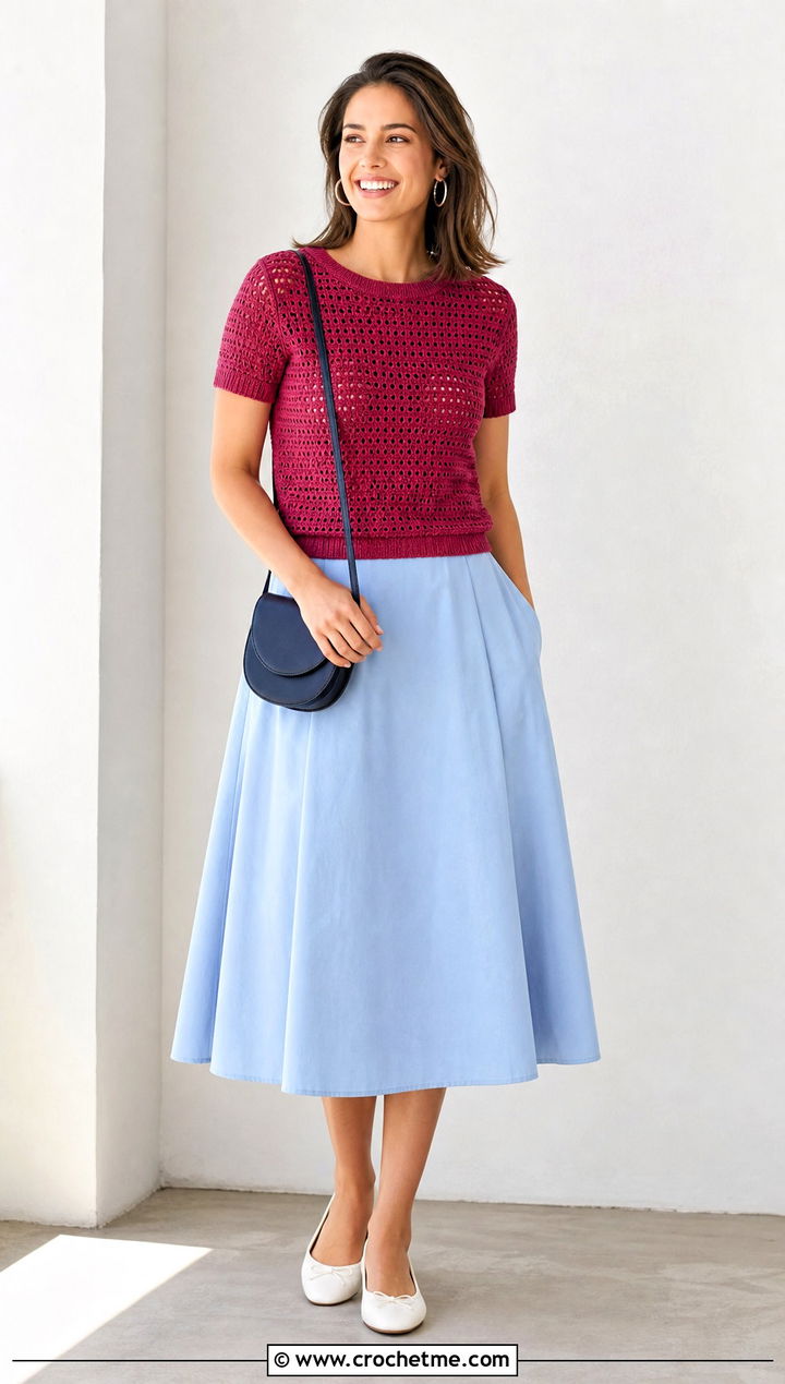 Short Sleeve Crochet Pullover With A Line Skirt - 30 Easy Crochet Pullover outfit ideas
