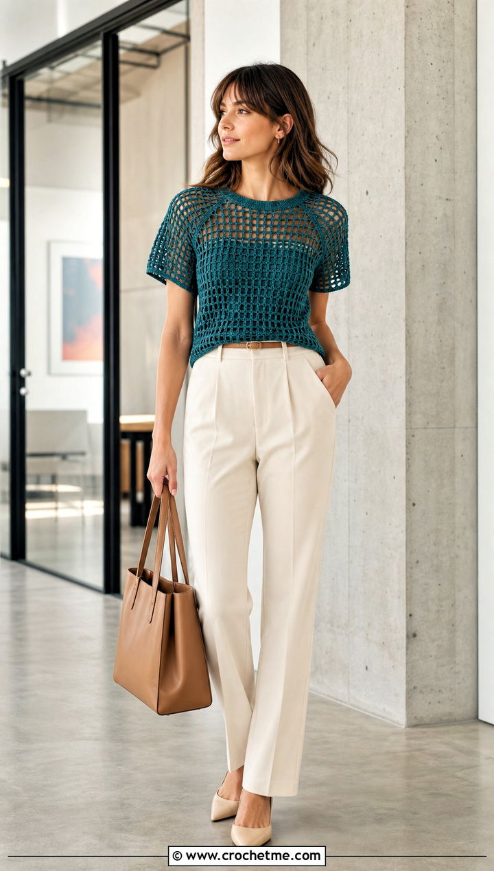 Short Sleeve Crochet Raglan Mesh Top With Tailored Trousers - 25 Crochet Raglan Mesh Top outfit ideas