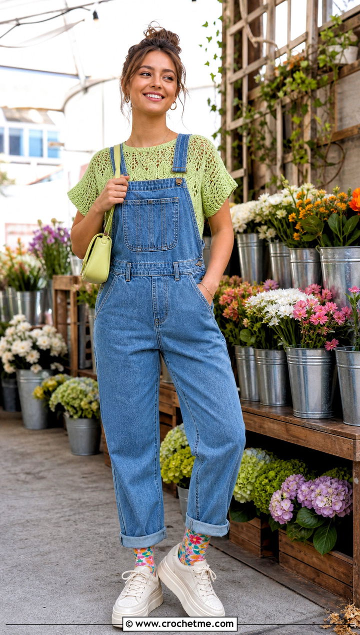Short Sleeve Crochet Shirt With Denim Overalls - 35 sabrina carpenter crochet top outfit ideas