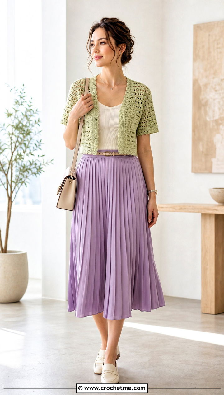 Short Sleeve Crochet Shrug With Pleated Midi Skirt - 25 simple crochet shrug outfit ideas