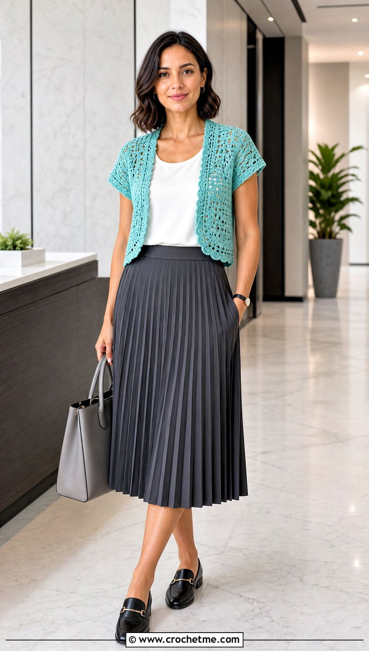 Short Sleeve Crochet Shrug With Pleated Midi Skirt - 25 Crochet Shrug Cardigan outfit ideas