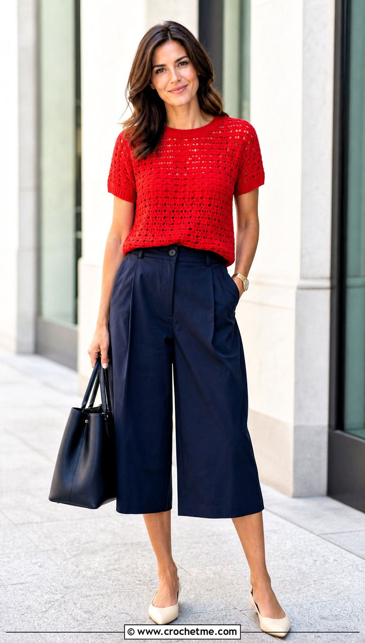 Short Sleeve Crochet Spring Sweater With Culottes - 35 crochet spring sweater outfit ideas